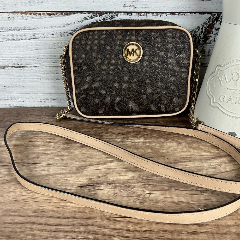 Michael Kors Fulton Small Bag Signature Brown Tan Gold Crossbody‎ Purse - Picture 5 of 11